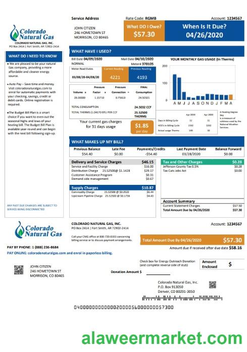 USA Colorado Natural Gas utility bill template in Word and PDF format